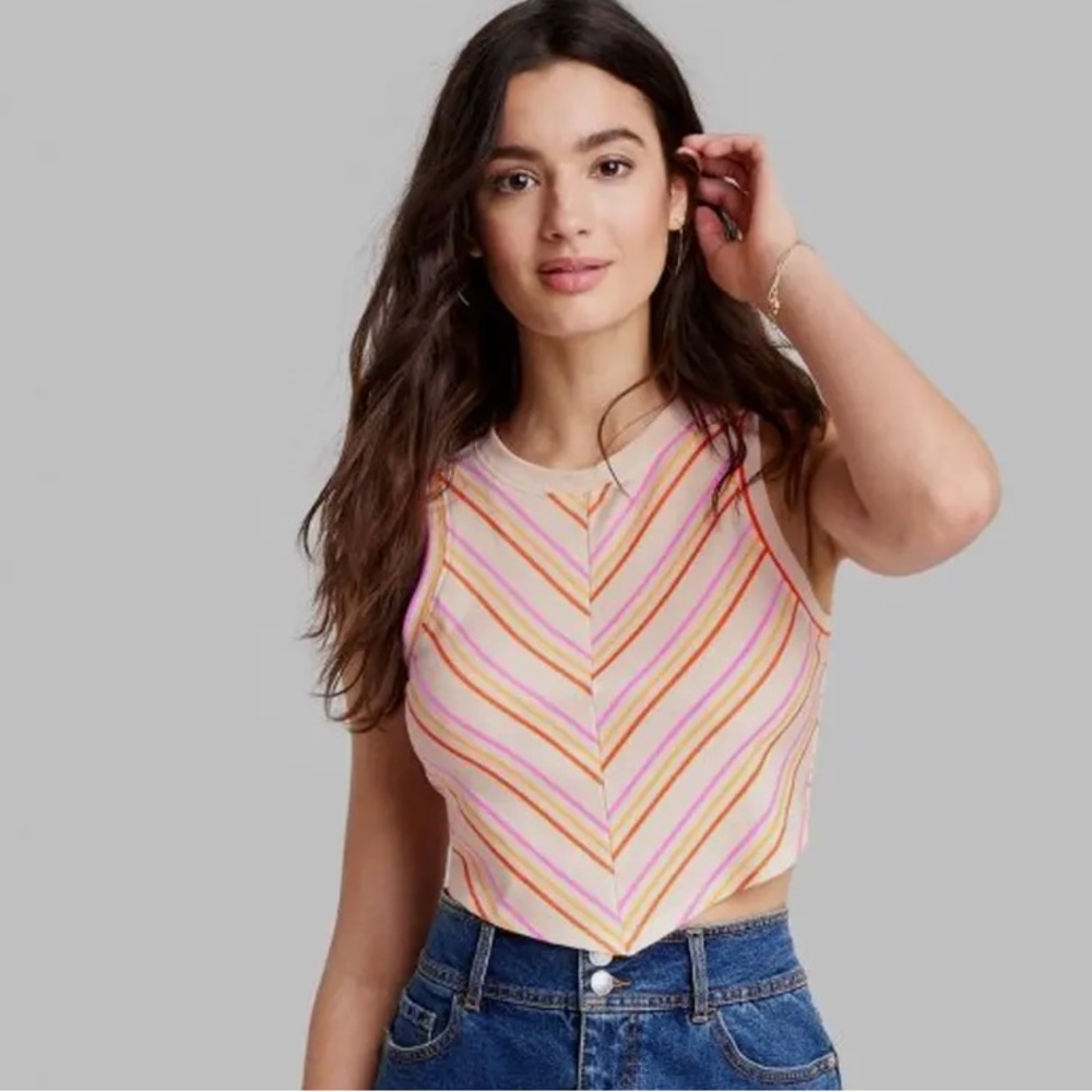 Wild Fable 70s Style Open Back Crop Top Striped White Orange Pink Size XS